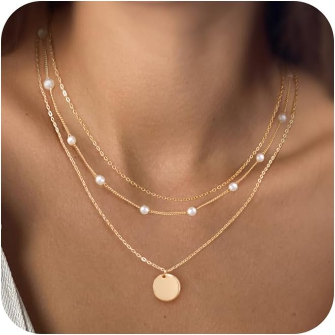 MFRYK Gold/Silver Necklaces Stack For Women,14K Gold/Sterling Silver Plated Simple Layered Choker Necklaces For Women,Stackable Multilayer Pearl Cross Disc Circle Pendant Cuban Herringbone Snake Paperclip Chain Necklaces Set Jewelry Gift for Women - Image 1